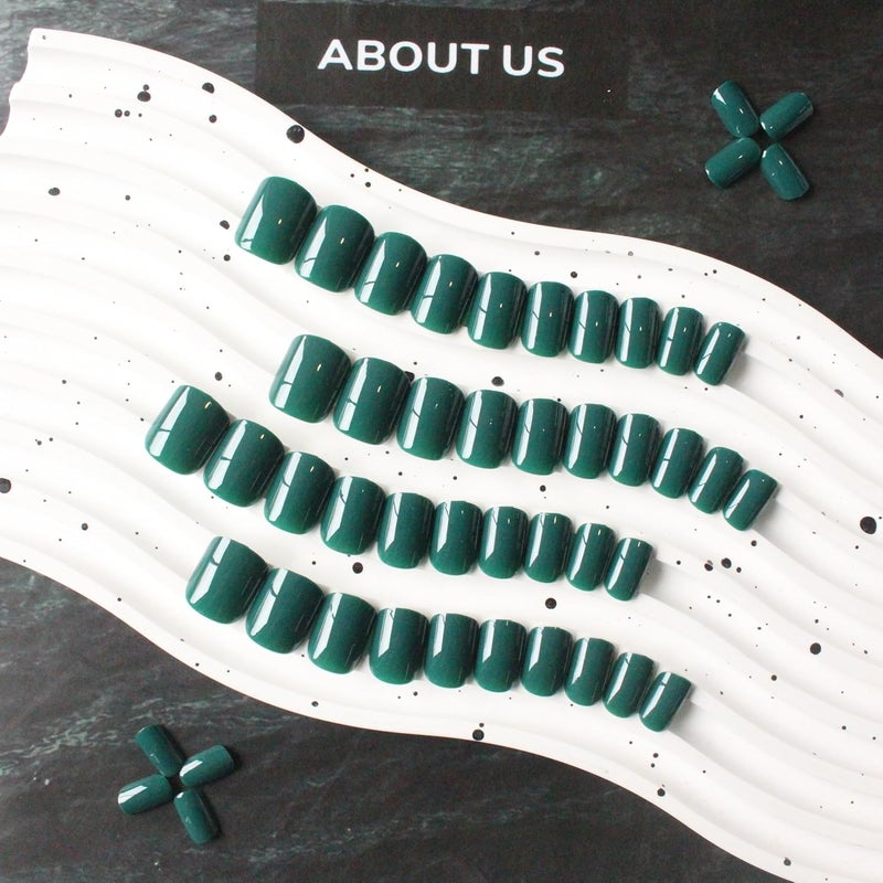 KQueenest 48 Pcs Dark Green Press on Nails Short Square, Acrylic Artificial Nail Glue on False Nails for Women DIY Manicure - Image 4
